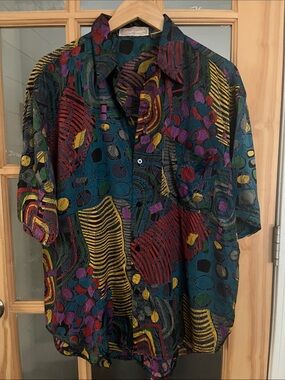 Vintage Italian Button Up abstract silky Shirt geo print Jewel tone summer